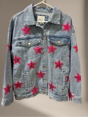 Fantastic Fawn Sequin Light Blue Denim Shacket with Pink Star Patches Size Small